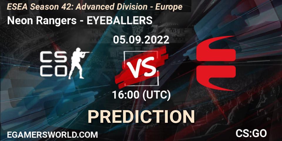 Neon Rangers vs EYEBALLERS: Betting TIp, Match Prediction. 05.09.2022 at 16:00. Counter-Strike (CS2), ESEA Season 42: Advanced Division - Europe