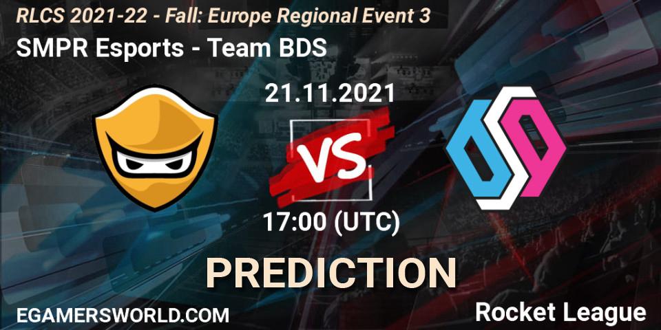 SMPR Esports vs Team BDS: Betting TIp, Match Prediction. 21.11.2021 at 17:00. Rocket League, RLCS 2021-22 - Fall: Europe Regional Event 3