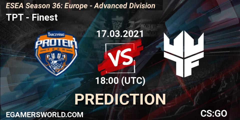 TPT vs Finest: Betting TIp, Match Prediction. 17.03.2021 at 18:00. Counter-Strike (CS2), ESEA Season 36: Europe - Advanced Division