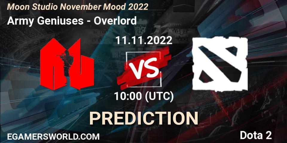 Army Geniuses vs Overlord: Betting TIp, Match Prediction. 11.11.2022 at 11:00. Dota 2, Moon Studio November Mood 2022