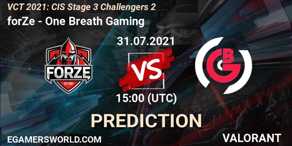 forZe vs One Breath Gaming: Betting TIp, Match Prediction. 31.07.2021 at 15:00. VALORANT, VCT 2021: CIS Stage 3 Challengers 2