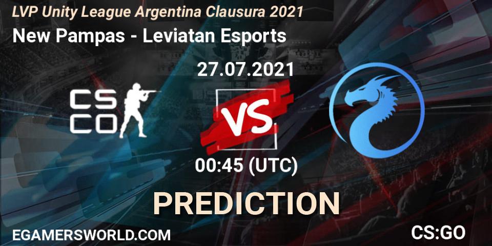 New Pampas vs Leviatan Esports: Betting TIp, Match Prediction. 27.07.2021 at 00:45. Counter-Strike (CS2), LVP Unity League Argentina Clausura 2021