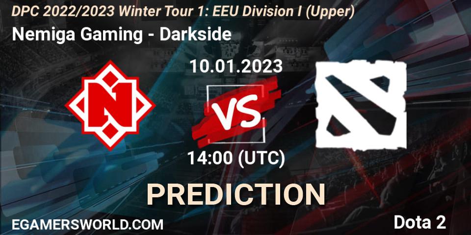 Nemiga Gaming vs Darkside: Betting TIp, Match Prediction. 10.01.2023 at 14:16. Dota 2, DPC 2022/2023 Winter Tour 1: EEU Division I (Upper)