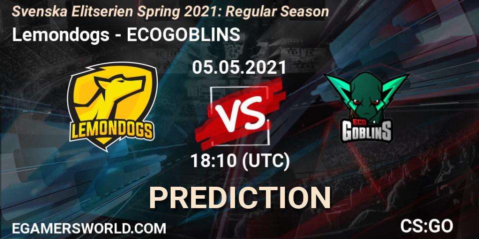 Lemondogs vs ECOGOBLINS: Betting TIp, Match Prediction. 06.05.2021 at 18:10. Counter-Strike (CS2), Svenska Elitserien Spring 2021: Regular Season