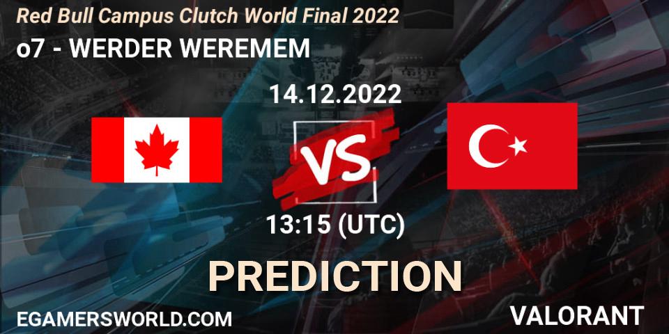 o7 vs WERDER WEREMEM: Betting TIp, Match Prediction. 14.12.2022 at 13:15. VALORANT, Red Bull Campus Clutch World Final 2022