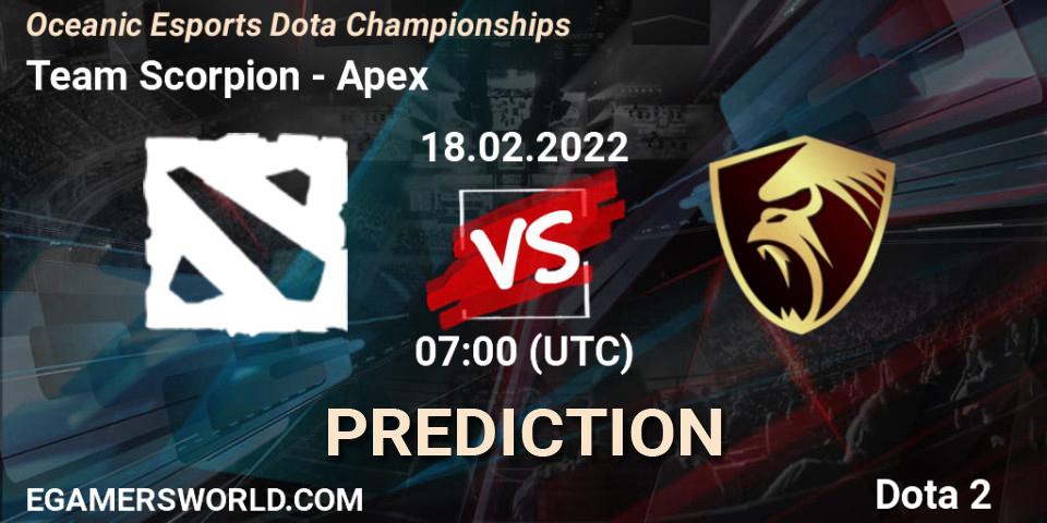 Team Scorpion vs Apex: Betting TIp, Match Prediction. 18.02.2022 at 07:18. Dota 2, Oceanic Esports Dota Championships