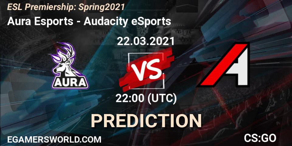 Aura Esports vs Audacity eSports: Betting TIp, Match Prediction. 22.03.2021 at 22:00. Counter-Strike (CS2), ESL Premiership: Spring 2021
