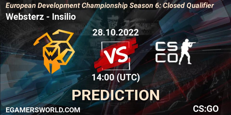 Websterz vs Insilio: Betting TIp, Match Prediction. 28.10.2022 at 14:00. Counter-Strike (CS2), European Development Championship Season 6: Closed Qualifier