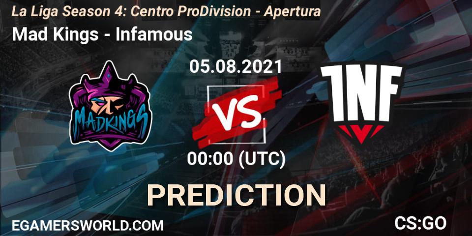 Mad Kings vs Infamous: Betting TIp, Match Prediction. 05.08.2021 at 00:00. Counter-Strike (CS2), La Liga Season 4: Centro Pro Division - Apertura