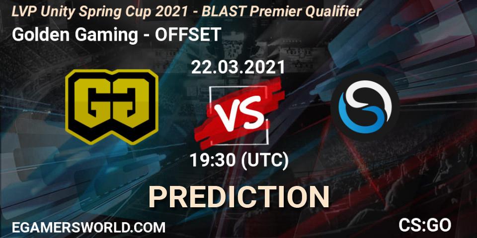 Golden Gaming vs OFFSET: Betting TIp, Match Prediction. 22.03.2021 at 19:30. Counter-Strike (CS2), LVP Unity Cup Spring 2021 - BLAST Premier Qualifier