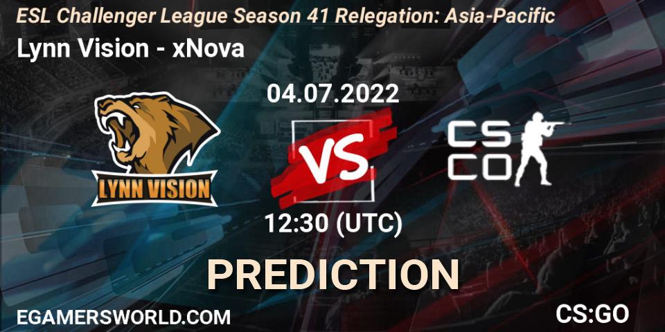 Lynn Vision vs xNova: Betting TIp, Match Prediction. 04.07.2022 at 12:30. Counter-Strike (CS2), ESL Challenger League Season 41 Relegation: Asia-Pacific