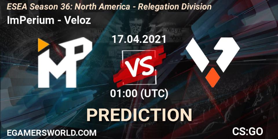 ImPerium vs Veloz: Betting TIp, Match Prediction. 17.04.21. CS2 (CS:GO), ESEA Season 36: North America - Relegation Division