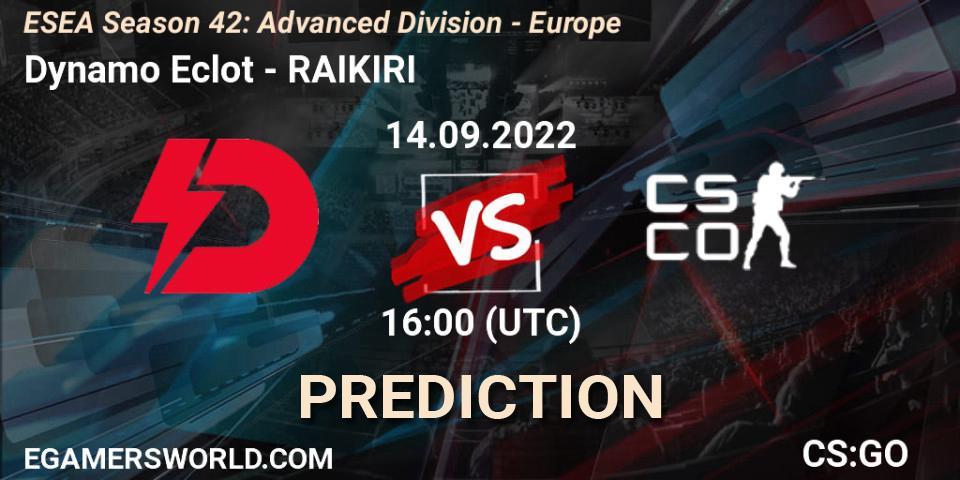 Dynamo Eclot vs RAIKIRI: Betting TIp, Match Prediction. 14.09.2022 at 16:00. Counter-Strike (CS2), ESEA Season 42: Advanced Division - Europe
