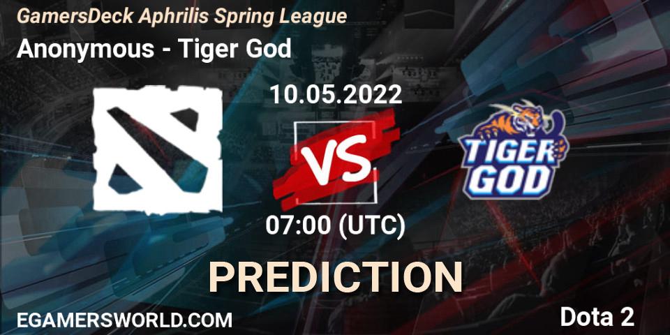 Anonymous vs Tiger God: Betting TIp, Match Prediction. 10.05.2022 at 07:02. Dota 2, GamersDeck Aphrilis Spring League