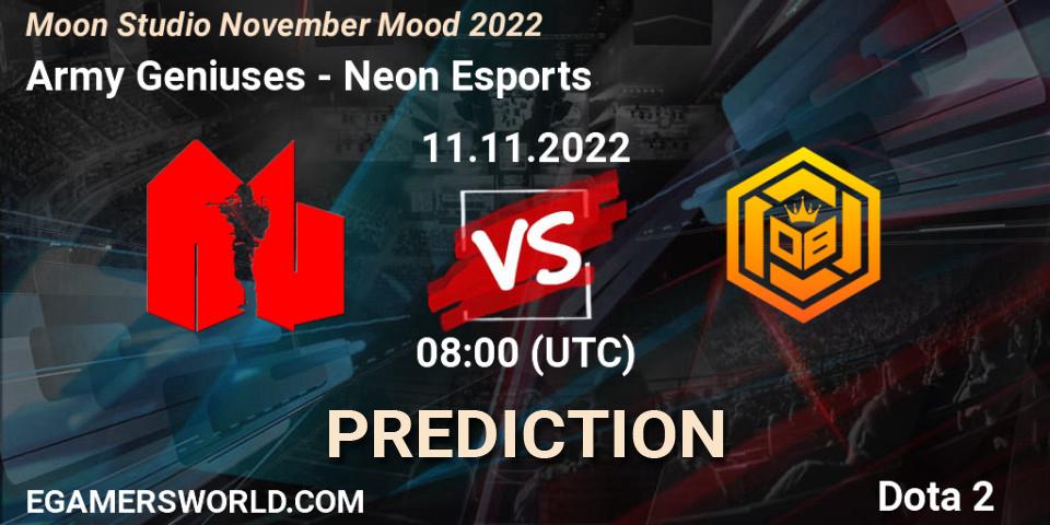 Army Geniuses vs Neon Esports: Betting TIp, Match Prediction. 11.11.2022 at 08:23. Dota 2, Moon Studio November Mood 2022