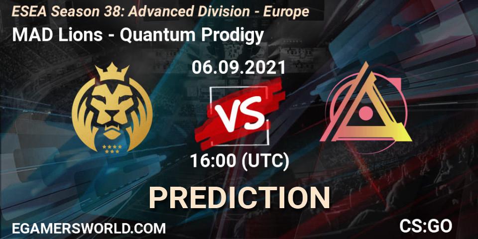 MAD Lions vs Quantum Prodigy: Betting TIp, Match Prediction. 06.09.2021 at 16:00. Counter-Strike (CS2), ESEA Season 38: Advanced Division - Europe