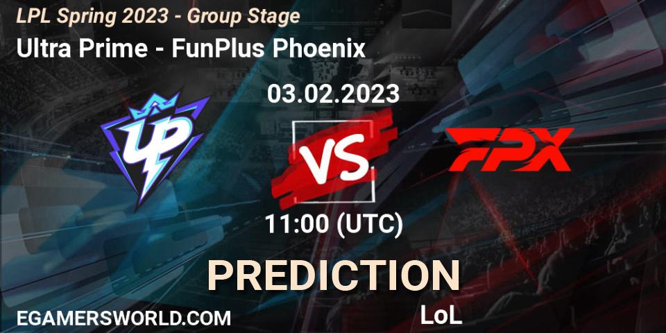 Ultra Prime vs FunPlus Phoenix: Betting TIp, Match Prediction. 03.02.2023 at 12:30. LoL, LPL Spring 2023 - Group Stage