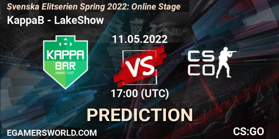 KappaB vs LakeShow: Betting TIp, Match Prediction. 11.05.2022 at 17:00. Counter-Strike (CS2), Svenska Elitserien Spring 2022: Online Stage