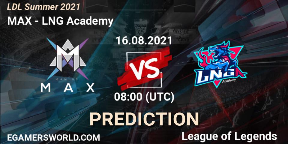 MAX vs LNG Academy: Betting TIp, Match Prediction. 16.08.2021 at 09:20. LoL, LDL Summer 2021