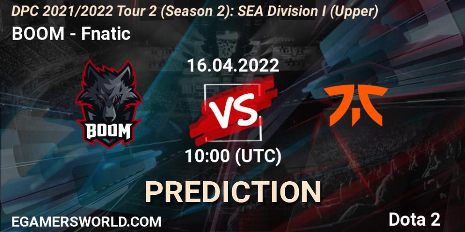 BOOM vs Fnatic: Betting TIp, Match Prediction. 16.04.2022 at 10:04. Dota 2, DPC 2021/2022 Tour 2 (Season 2): SEA Division I (Upper)