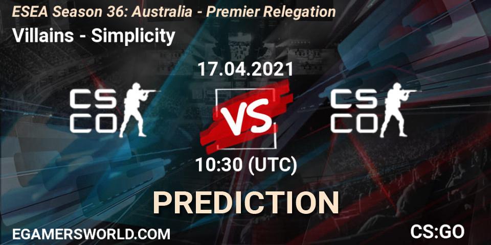 Villains vs Simplicity: Betting TIp, Match Prediction. 17.04.2021 at 10:30. Counter-Strike (CS2), ESEA Season 36: Australia - Premier Relegation