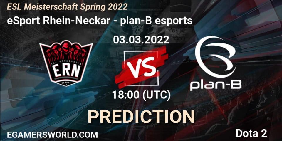 eSport Rhein-Neckar vs plan-B esports: Betting TIp, Match Prediction. 03.03.2022 at 17:59. Dota 2, ESL Meisterschaft Spring 2022
