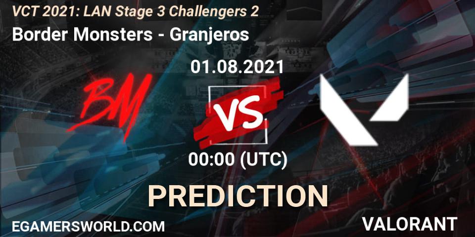 Border Monsters vs Granjeros: Betting TIp, Match Prediction. 01.08.2021 at 00:30. VALORANT, VCT 2021: LAN Stage 3 Challengers 2