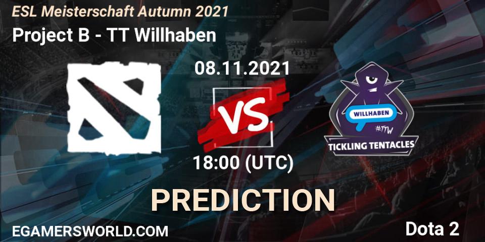 Project B vs TT Willhaben: Betting TIp, Match Prediction. 08.11.2021 at 19:03. Dota 2, ESL Meisterschaft Autumn 2021