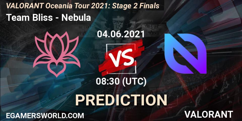 Team Bliss vs Nebula: Betting TIp, Match Prediction. 04.06.2021 at 08:30. VALORANT, VALORANT Oceania Tour 2021: Stage 2 Finals