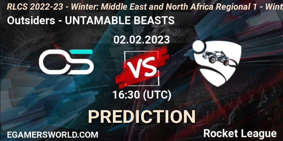 Outsiders vs UNTAMABLE BEASTS: Betting TIp, Match Prediction. 02.02.2023 at 16:30. Rocket League, RLCS 2022-23 - Winter: Middle East and North Africa Regional 1 - Winter Open