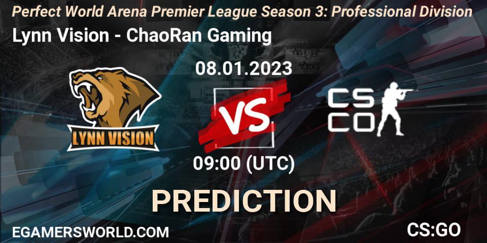 Lynn Vision vs ChaoRan Gaming: Betting TIp, Match Prediction. 08.01.2023 at 09:00. Counter-Strike (CS2), Perfect World Arena Premier League Season 3: Professional Division