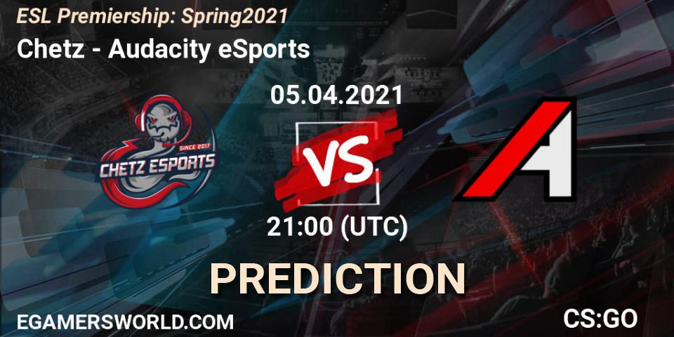 Chetz vs Audacity eSports: Betting TIp, Match Prediction. 05.04.2021 at 20:00. Counter-Strike (CS2), ESL Premiership: Spring 2021