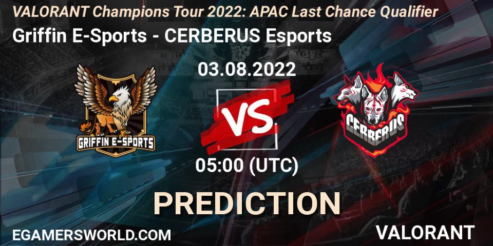 Griffin E-Sports vs CERBERUS Esports: Betting TIp, Match Prediction. 03.08.2022 at 05:00. VALORANT, VCT 2022: APAC Last Chance Qualifier