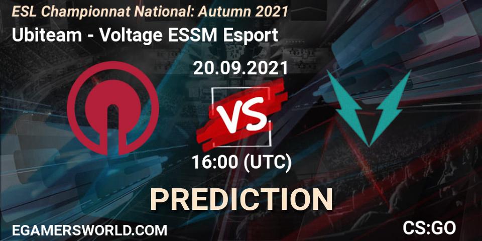 Ubiteam vs Voltage ESSM Esport: Betting TIp, Match Prediction. 20.09.2021 at 19:30. Counter-Strike (CS2), ESL Championnat National: Autumn 2021