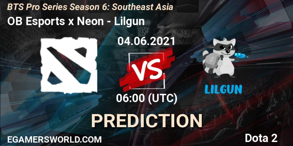 OB Esports x Neon vs Lilgun: Betting TIp, Match Prediction. 04.06.2021 at 06:22. Dota 2, BTS Pro Series Season 6: Southeast Asia