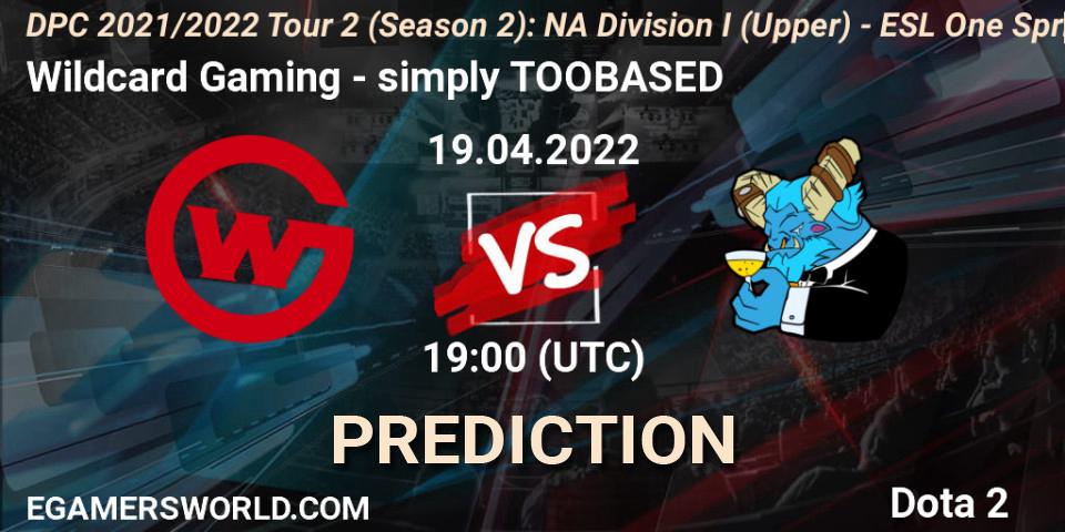 Wildcard Gaming vs simply TOOBASED: Betting TIp, Match Prediction. 19.04.2022 at 19:00. Dota 2, DPC 2021/2022 Tour 2 (Season 2): NA Division I (Upper) - ESL One Spring 2022