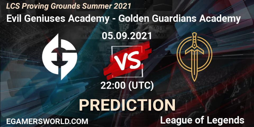 Evil Geniuses Academy vs Golden Guardians Academy: Betting TIp, Match Prediction. 05.09.2021 at 22:00. LoL, LCS Proving Grounds Summer 2021