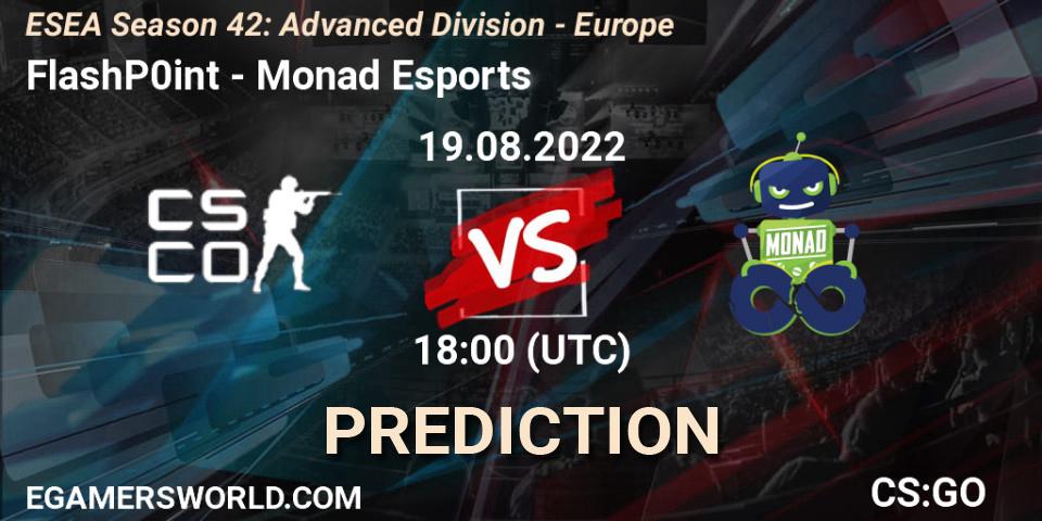 FlashP0int vs Monad Esports: Betting TIp, Match Prediction. 19.08.2022 at 18:00. Counter-Strike (CS2), ESEA Season 42: Advanced Division - Europe