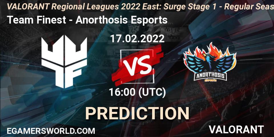 Team Finest vs Anorthosis Esports: Betting TIp, Match Prediction. 17.02.2022 at 16:00. VALORANT, VALORANT Regional Leagues 2022 East: Surge Stage 1 - Regular Season