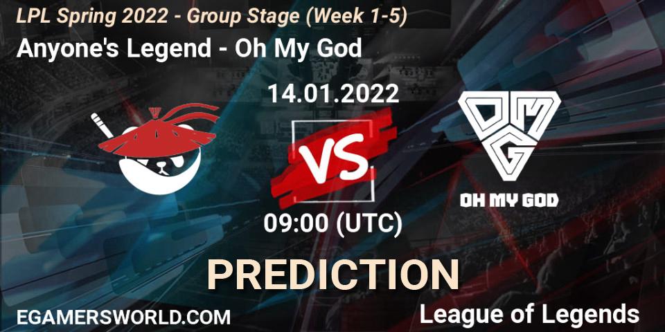 Anyone's Legend vs Oh My God: Betting TIp, Match Prediction. 14.01.2022 at 09:00. LoL, LPL Spring 2022 - Group Stage (Week 1-5)