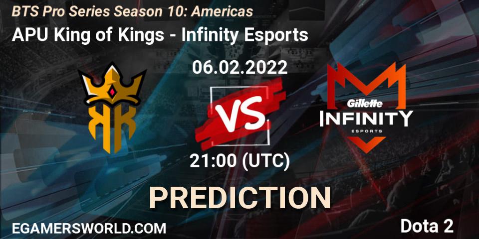 APU King of Kings vs Infinity Esports: Betting TIp, Match Prediction. 06.02.2022 at 20:57. Dota 2, BTS Pro Series Season 10: Americas