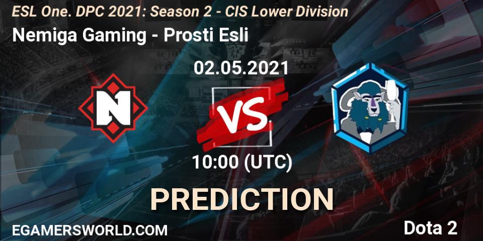 Nemiga Gaming vs Prosti Esli: Betting TIp, Match Prediction. 02.05.2021 at 09:55. Dota 2, ESL One. DPC 2021: Season 2 - CIS Lower Division