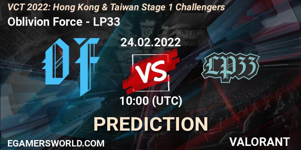 Oblivion Force vs LP33: Betting TIp, Match Prediction. 24.02.2022 at 10:00. VALORANT, VCT 2022: Hong Kong & Taiwan Stage 1 Challengers