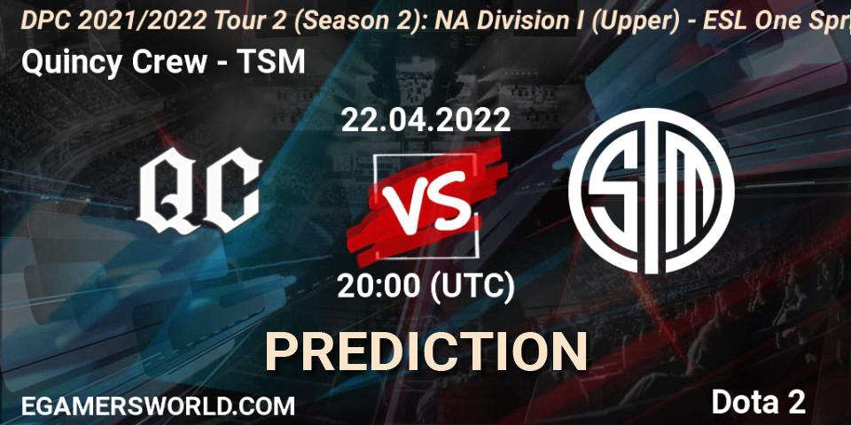 Quincy Crew vs TSM: Betting TIp, Match Prediction. 22.04.2022 at 19:55. Dota 2, DPC 2021/2022 Tour 2 (Season 2): NA Division I (Upper) - ESL One Spring 2022