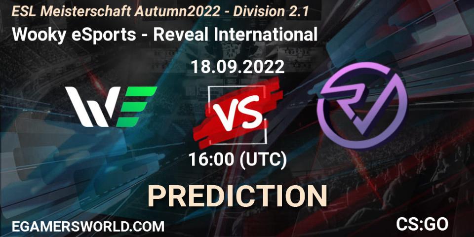 Wooky eSports vs Reveal International: Betting TIp, Match Prediction. 18.09.2022 at 16:00. Counter-Strike (CS2), ESL Meisterschaft Autumn 2022 - Division 2.1