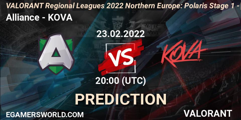 Alliance vs KOVA: Betting TIp, Match Prediction. 23.02.2022 at 20:00. VALORANT, VALORANT Regional Leagues 2022 Northern Europe: Polaris Stage 1 - Regular Season