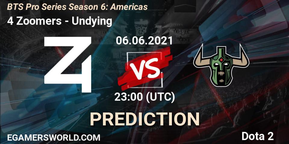 4 Zoomers vs Undying: Betting TIp, Match Prediction. 06.06.2021 at 22:23. Dota 2, BTS Pro Series Season 6: Americas