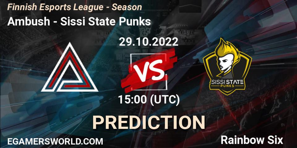 Ambush vs Sissi State Punks: Betting TIp, Match Prediction. 29.10.2022 at 11:00. Rainbow Six, Finnish Esports League - Season 