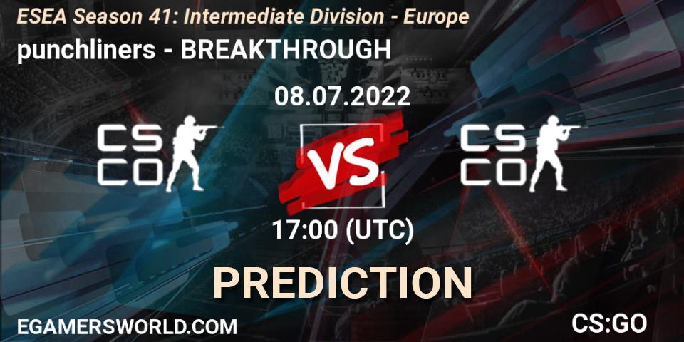 punchliners vs BREAKTHROUGH: Betting TIp, Match Prediction. 08.07.2022 at 17:00. Counter-Strike (CS2), ESEA Season 41: Intermediate Division - Europe
