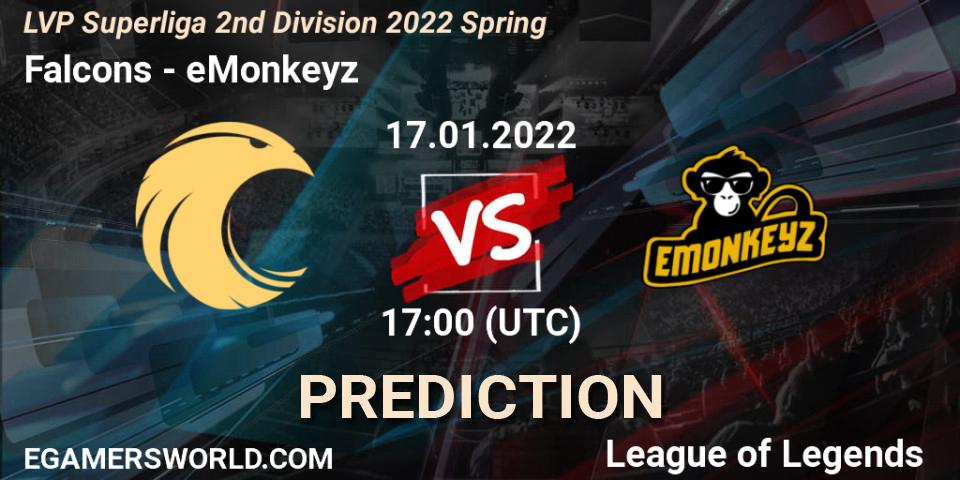 Falcons vs eMonkeyz: Betting TIp, Match Prediction. 18.01.2022 at 17:00. LoL, LVP Superliga 2nd Division 2022 Spring